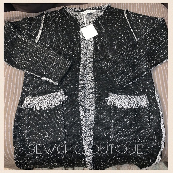 Black Fringe Accent Longline Tweed Cardigan - Picture 5 of 7